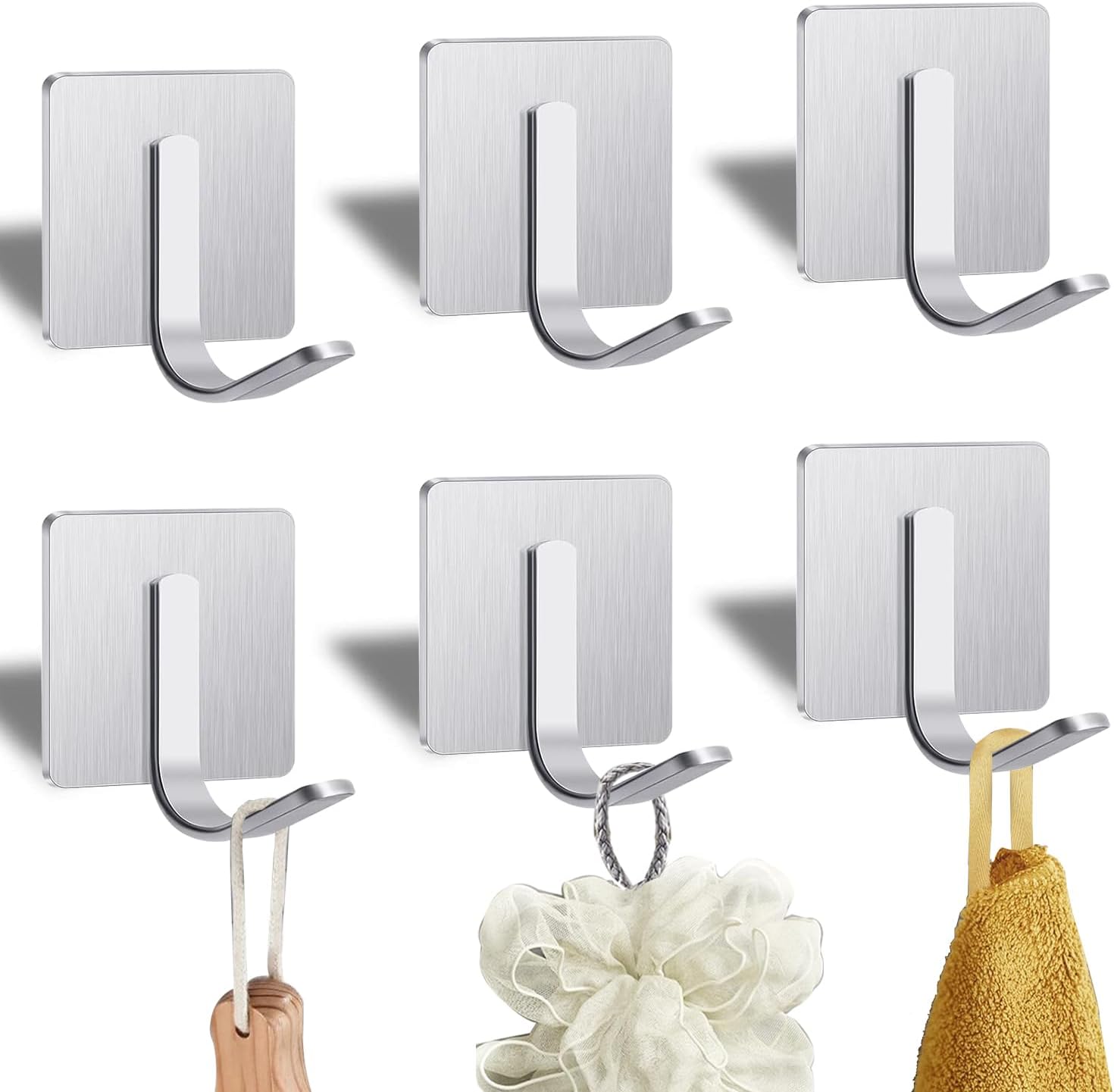 Yoawllty 6 Pack Adhesive Wall Hooks for Hanging, Towel Hooks for Bathroom, Heavy Duty Towel Rack Wall Mounted, Coat Hooks, Shower Hooks for Hanging Robe, Kitchen Hooks (Silver)