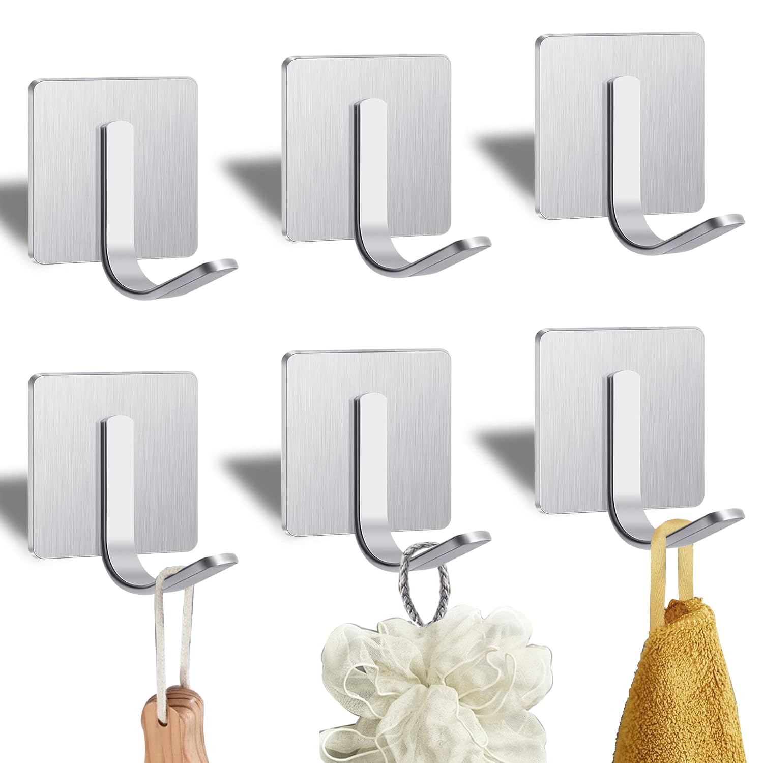 Yoawllty 6 Pack Adhesive Wall Hooks for Hanging, Towel Hooks for Bathroom, Heavy Duty Towel Rack Wall Mounted, Coat Hooks, Shower Hooks for Hanging Robe, Kitchen Hooks (Silver)