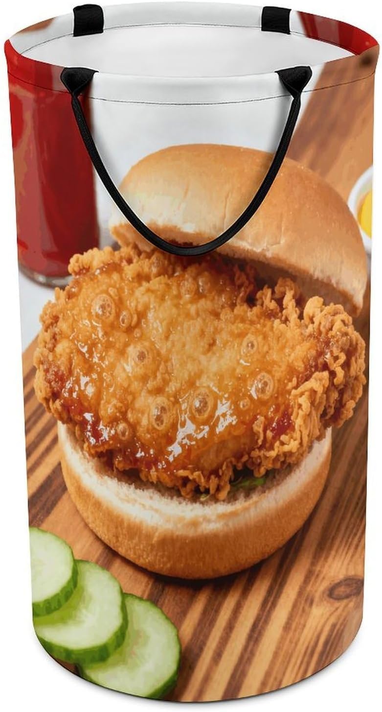 Fried Chicken Print Laundry Hamper with Handles Waterproof Collapsible Laundry Basket Large Lightweight Round Dirty Clothes Hamper for Home Dorm Bathroom Decor