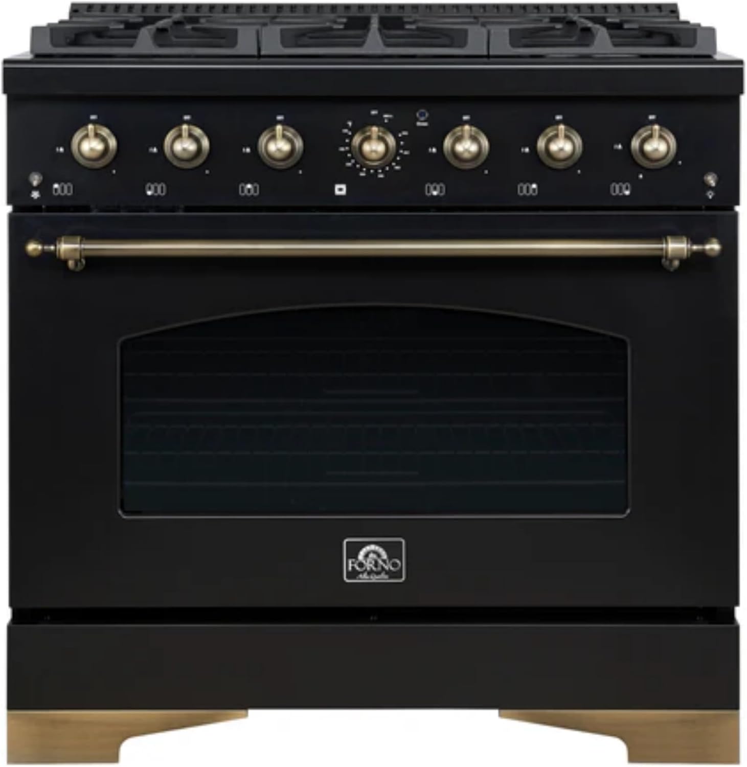 36" Gas Range with 6 Sealed Burners, 71,000 BTU Total Output, 4.5 Cu. Ft. Convection Oven, Dual-Ring Brass Burner, Cast Iron Grates, Black Finish with Antique Brass Accents
