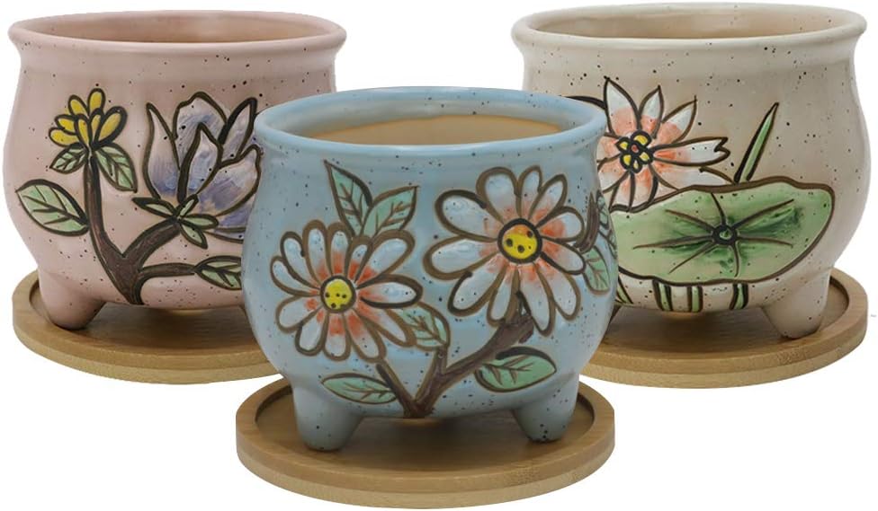 SQOWL 4.5 inch Hand-Painted Ceramic Succulent Planter Pot Modern Desk Cactus herb Flower planters with Bamboo Tray Indoor or Outdoor Set of 3
