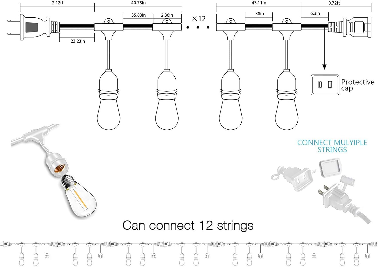 Banord White Outdoor String Lights, 96FT Commercial Grade Patio Lights with 30 1W S14 Dimmable Shatterproof LED Bulbs, Heavy Duty Hanging Lights for Outdoor, Waterproof String Lights (2x48FT)