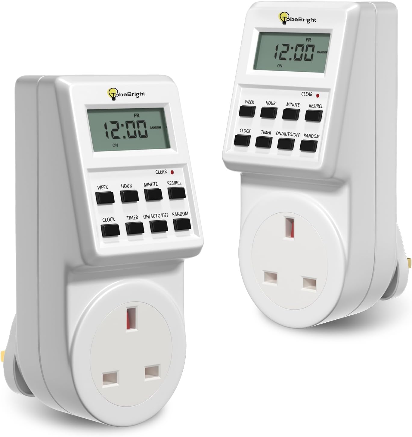 TobeBright Digital Timer Plug Socket UK 24 Hours/Weekly Digital Plug-in Timer Socket 240V 3 Pin Plug with Programmable Time Controller, Electric Switch Energy Saver Timer Plug, 2 pcs