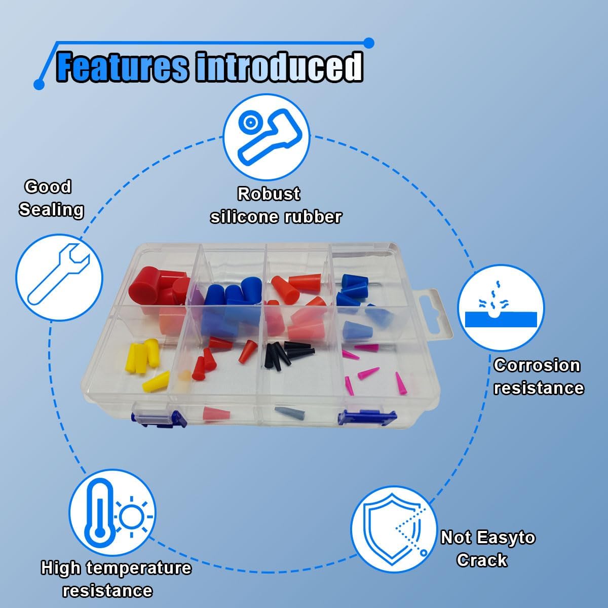 40PCS High Temp 1/16" to 3/4" Silicone Rubber Tapered Plug Kit, 8-Sizes Tapered Stoppers, Flexible & Reusable Powder Coating Painting Supplies for General Sealing, Hole Plugs