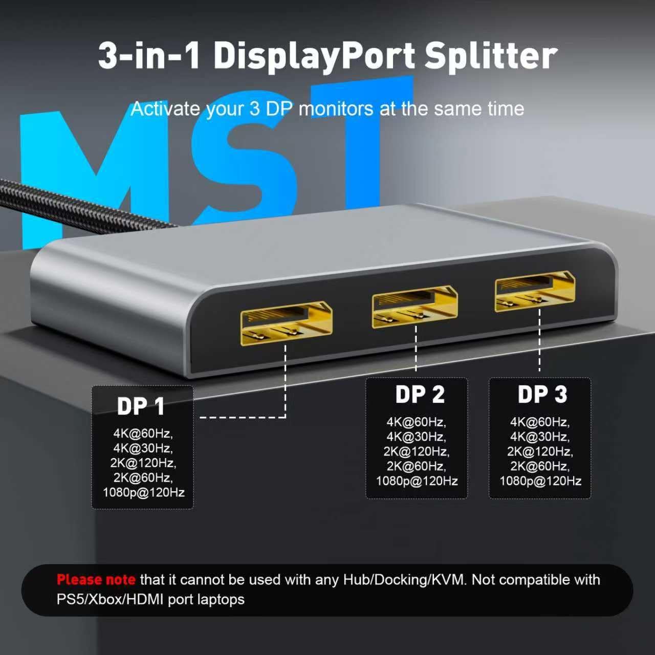 DisplayPort Splitter for 3 Monitors Extended Display | 4K 60Hz Display Port 1 in 3 Out, DP to Three DP MST Hub Adapter for PC, NVIDIA, AMD