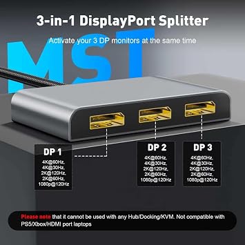 UANTIN DisplayPort Splitter for 3 Monitors Extended Display 4K@60Hz