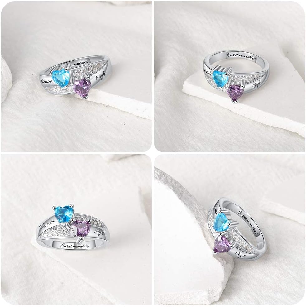 Personalized Promise Rings for Her Mother Rings with 2 Simulated Birthstones Custom Couples Name Ring for Women (silver, 9)