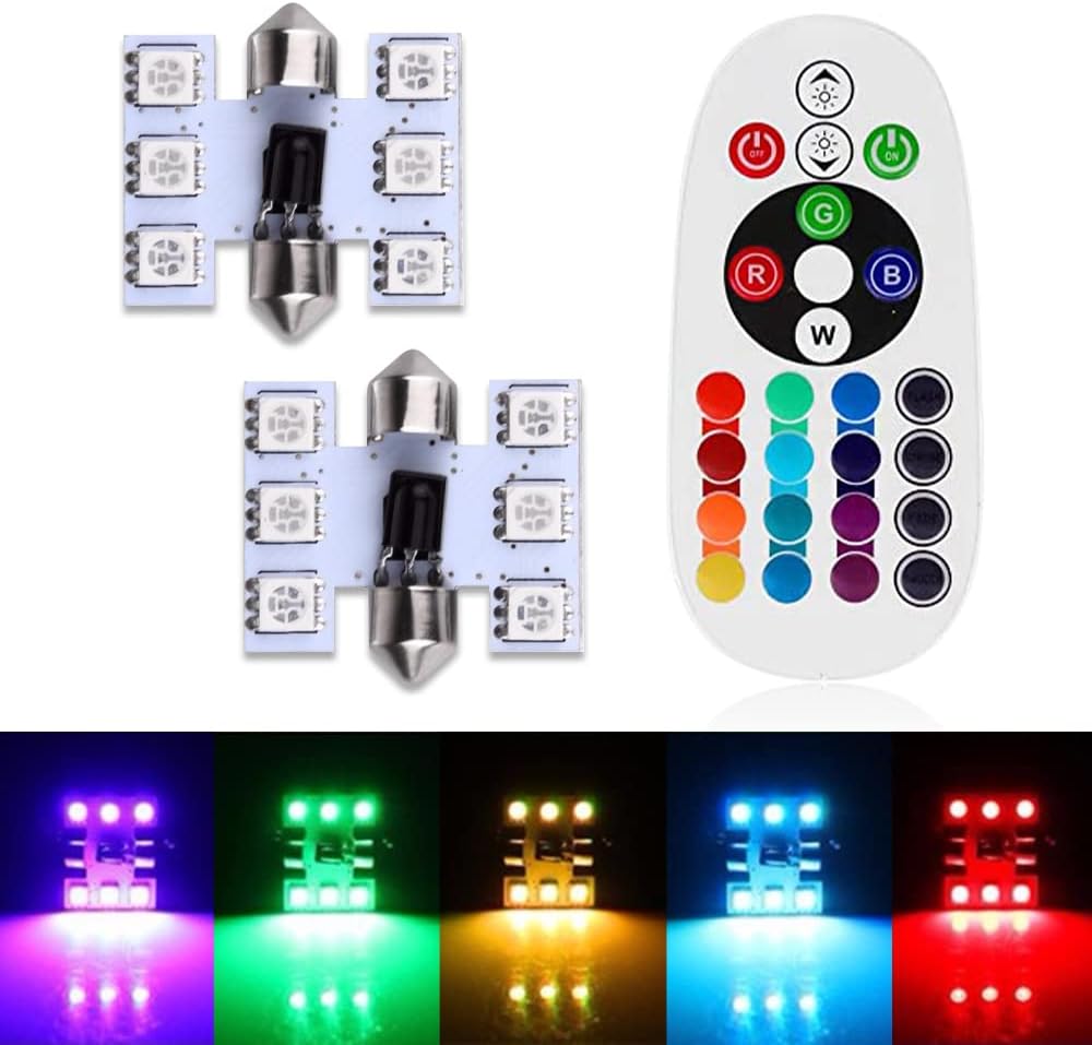 31 mm 1.22 inches - Festoon Bulb RGB with Remote Control, 16 Colours Changing Interior Lighting, Dome Map, Courtesy Lamps, Number Plate Lights Pack of