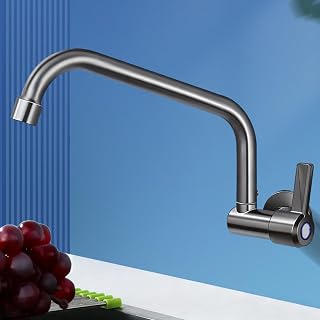 Grifo De Pared Cocina Solo Agua Fria con Caño Largo Giratorio De 180° Grifo Cocina Acero Inoxidable Orificio Único,Gris Pistola