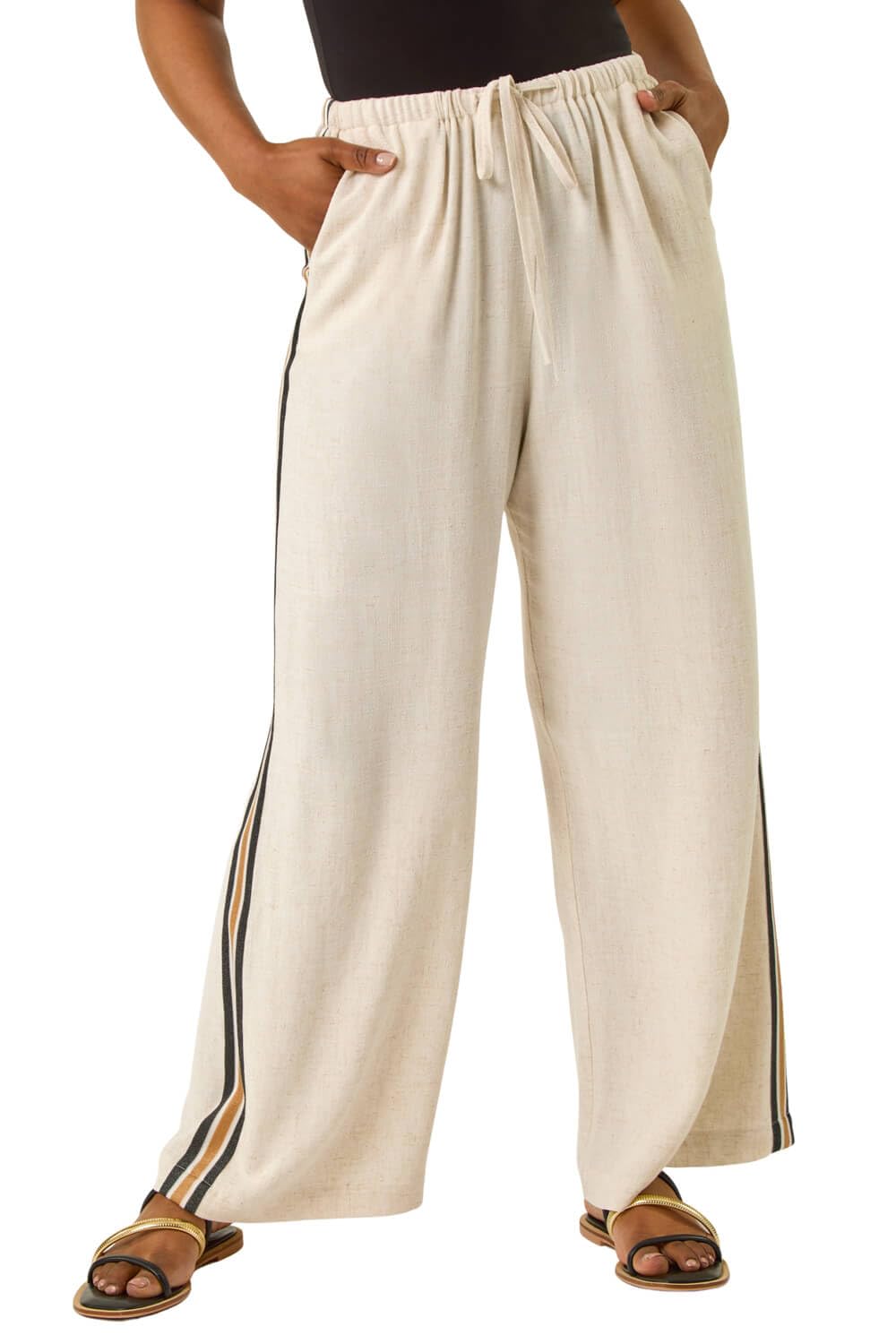Roman Petite Women's Natural Linen Blend Side Stripe Trouser Size 18