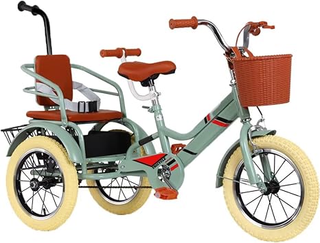 3 Wheels Bicycle for Traveling and Hanging Out,Cruiser Bike with Pneumatic tire Spoke Wheel,Rickshaw Tricycle with Pedals,Single Brake,Tandem Trike with Back seat green-16inch