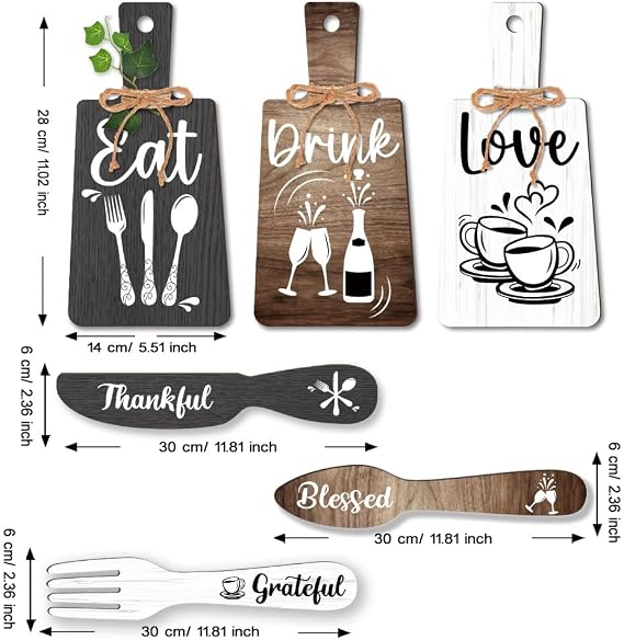 PH PandaHall 6pcs Kitchen Wall Decor Start Drink Sign Set Wood Pendant Accessories Mini Wood Plaque Fork and Spoon Shape Decorations Rustic Style Home Dector Black Brown White 11x5.5 inch/11.8x2 inch