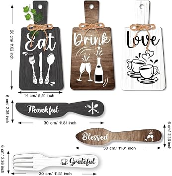 PH PandaHall 6pcs Kitchen Wall Decor Start Drink Sign Set Wood Pendant Accessories Mini Wood Plaque Fork and Spoon Shape Decorations Rustic Style Home Dector Black Brown White 11x5.5 inch/11.8x2 inch