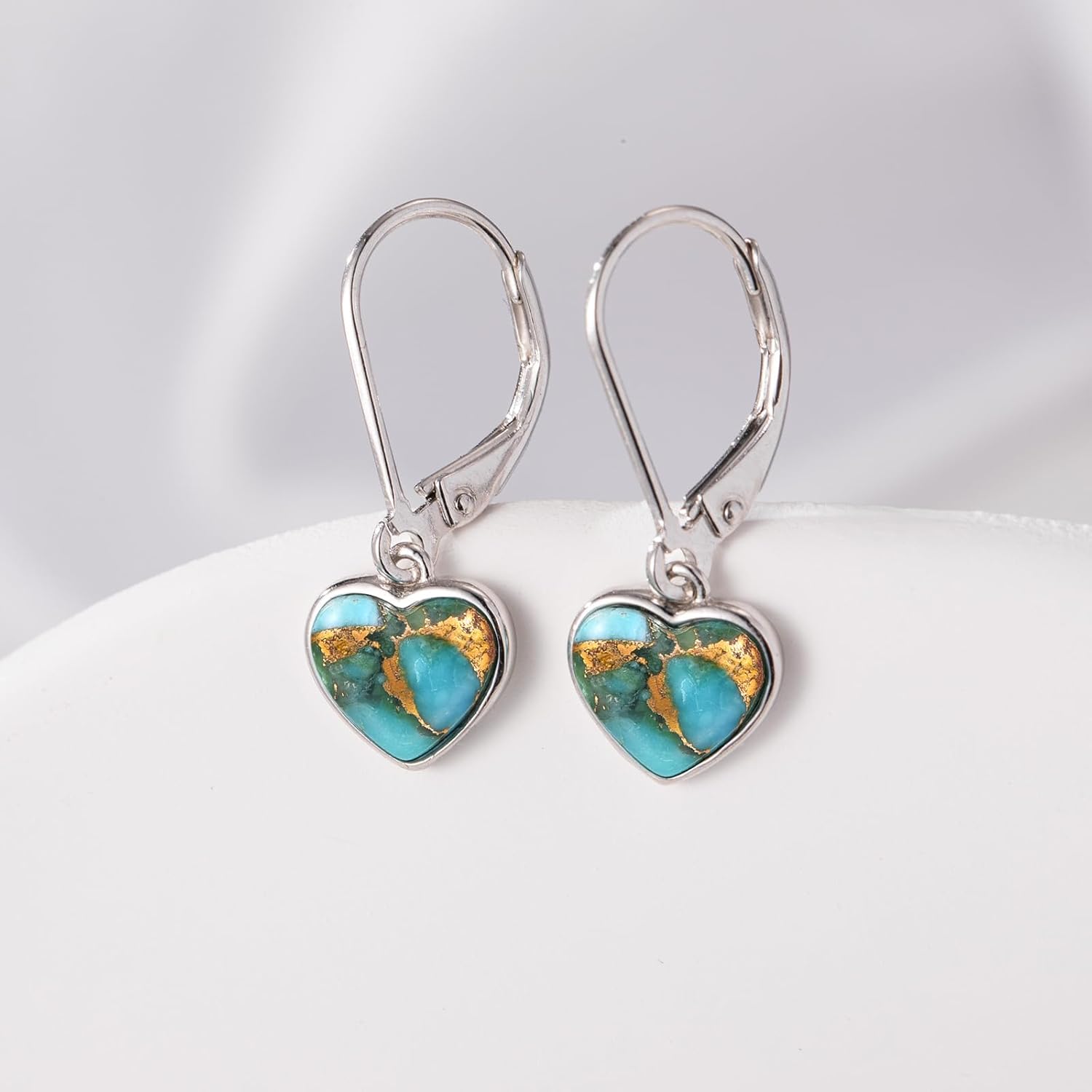 Heart Natural Turquoise Earrings for Women - Top AAA Grade, Hypoallergenic 925 Sterling Silver Leverback Dangle Earrings, Trendy Jewelry Gifts for Her