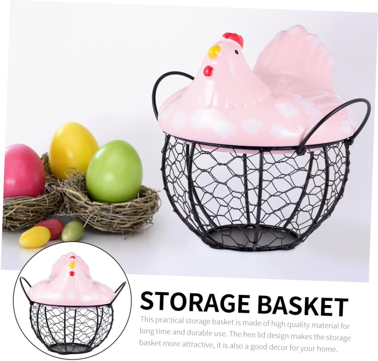 Small Iron Egg Basket with Hen Lid, Pink Wire Fruit and Snack Storage Basket for Kitchen Organization and Dining Table Decoration