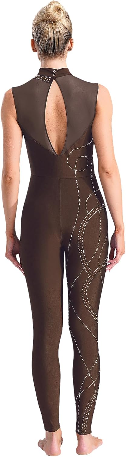 ACSUSS Women's One Piece Gymnastics Unitard Shiny Rhinestone Jumpsuit Sheer Mesh Patchwork Bodysuit