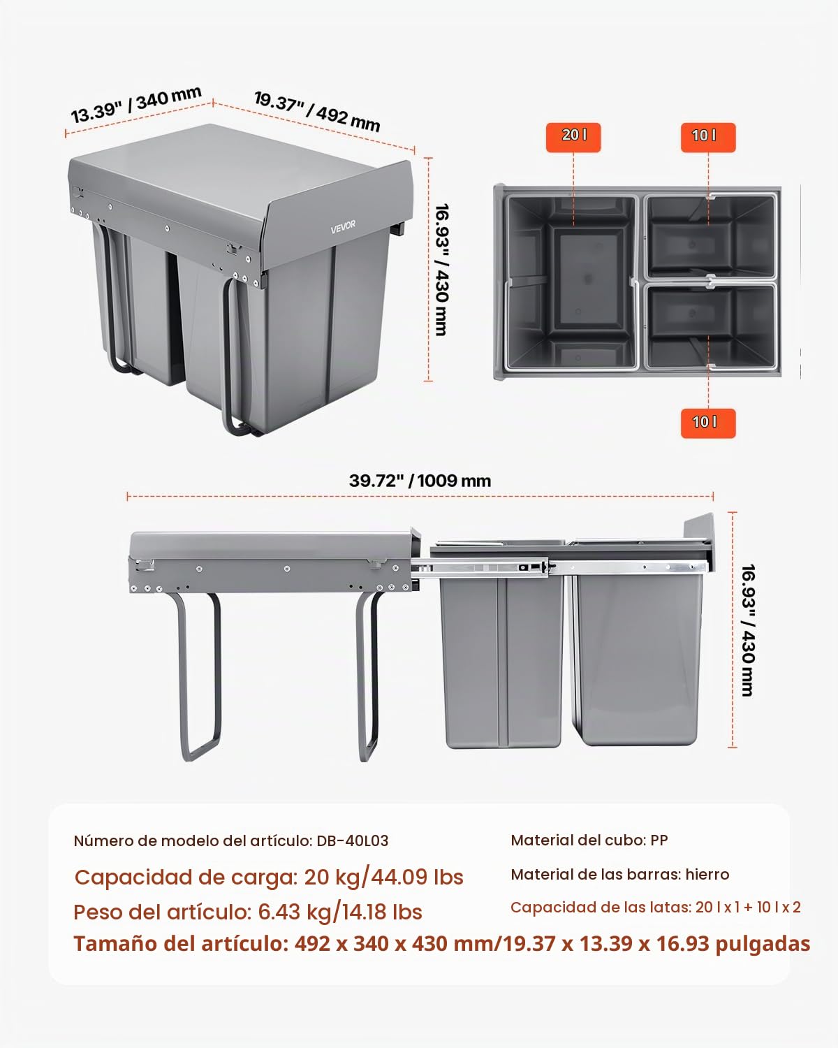 VEVOR Cubo de Basura Extraíble para Armarios Cocina, 20+10+10 L, Doble bajo Fregadero, para Reciclaje, con Sistema Deslizante de Extensión Completa de Metal Resistente y Asa, 492 x 340 x 430 mm