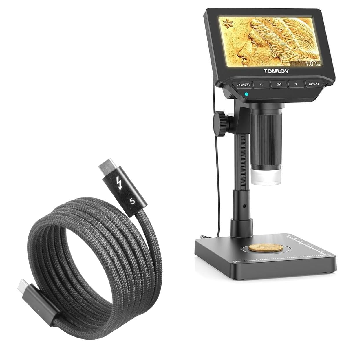 BoxWave Cable Compatible with TOMLOV DM4W Microscope - SnapWrap Thunderbolt 5.0 Cable (5ft 240W), Magnetic Self-Coiling Nylon Braided Retractable - Jet Black