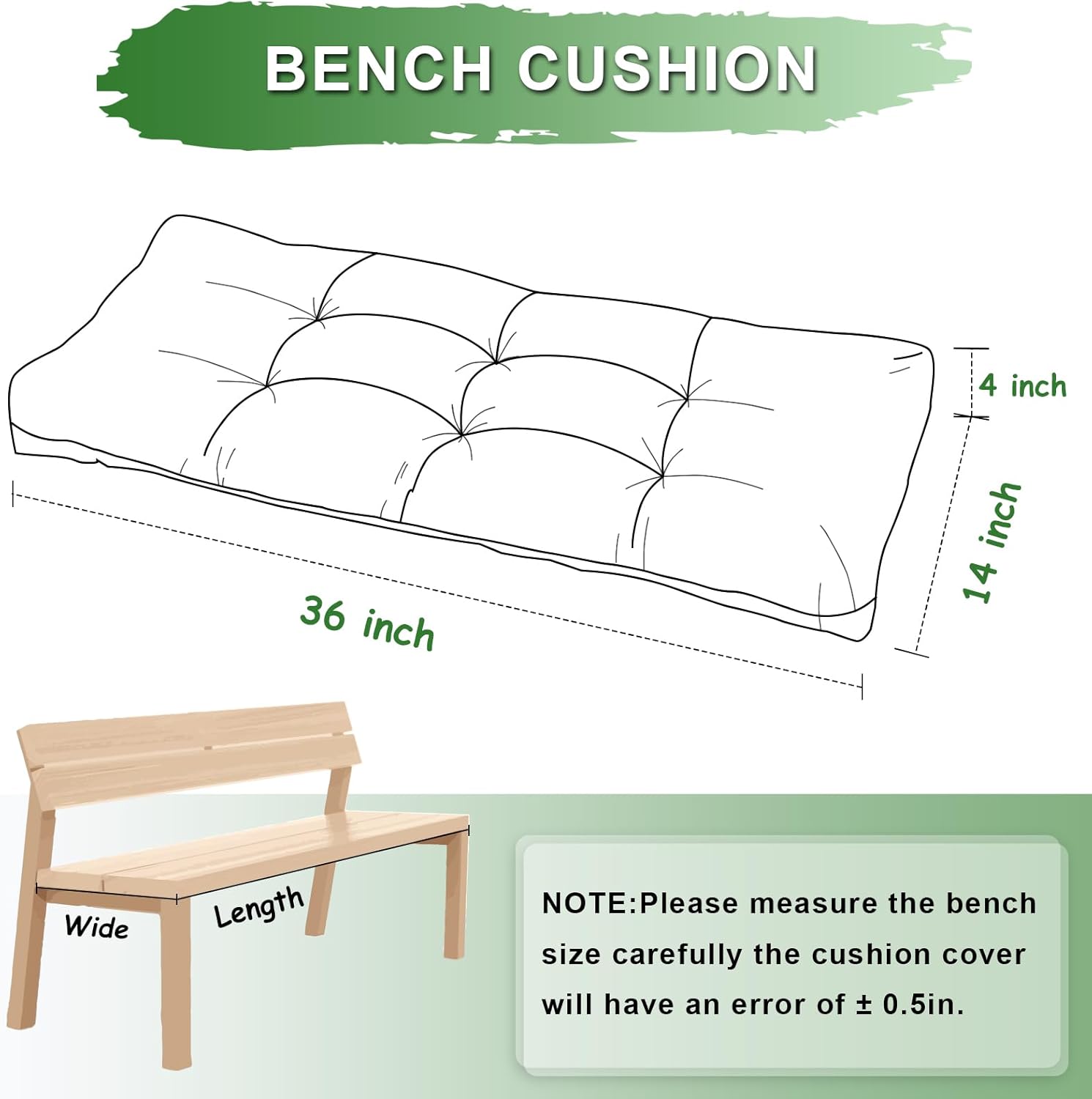 36 Inch Waterproof Bench Cushion, Indoor Outdoor Non Slip Thick Tufted Pad for Patio, Window Seat, Garden & Porch Furniture, UV Fade Resistant (Green, 36x14x4 Inch)