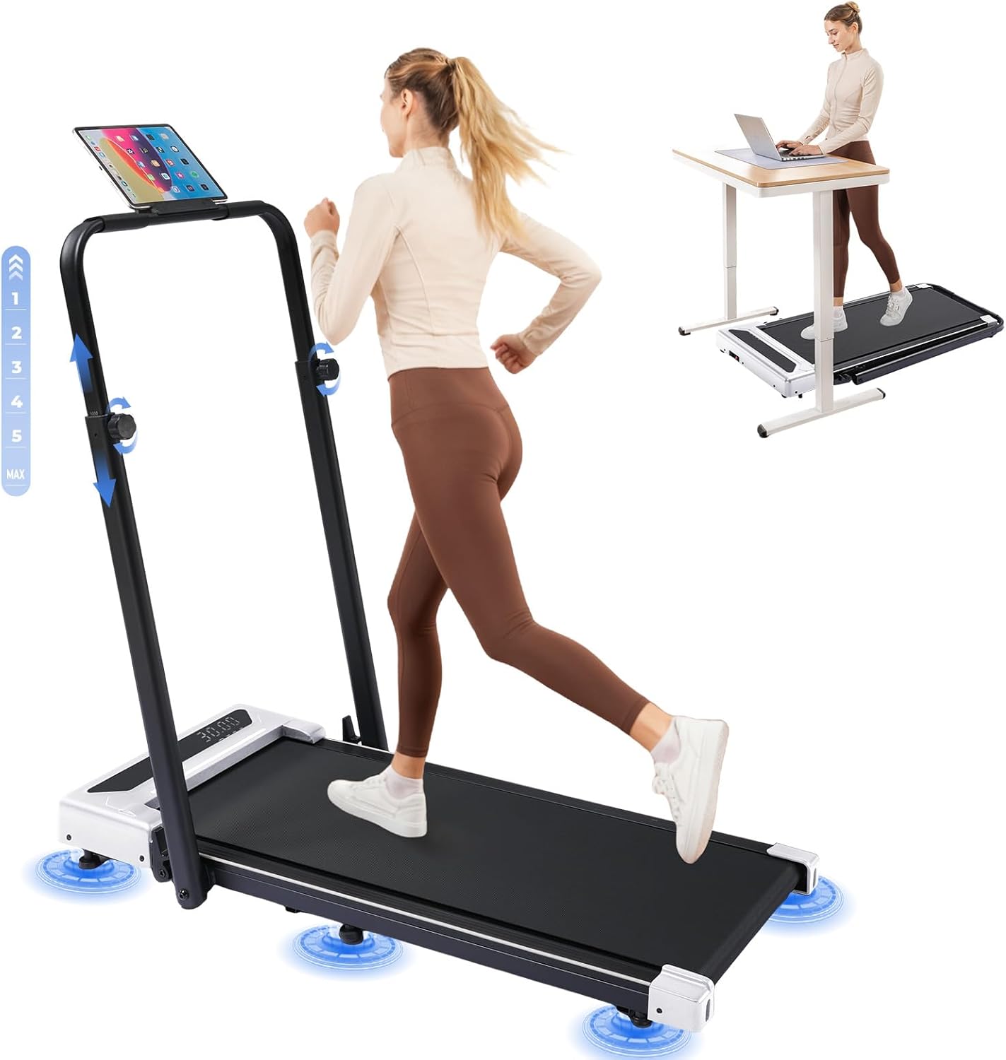 GTPLAYER Walking Pad Treadmill with Adjustable Height Handle Bar, 3HP Quiet Foldable Under Desk Treadmill, Portable Treadmills for Home 350LBS with Remote Control LED Display