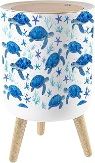 Bathroom Trash Can with Lid Blue Sea Turtle Gifts for Women Starfish Watercolor Ocean Elements 1.8 Gal/7L Round Plastic Waste Baskets Dog Proof Trash Can Garbage Bin Kitchen with Removable Legs