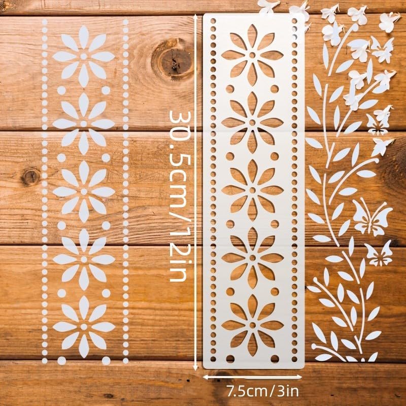 8PCS Border Stencil Floral Craft Paint Template Reusable Plastic Templates 3 * 12inch Flower Vines Stencils Painting on Wood Furniture Wall Canvas Floor thumbnail