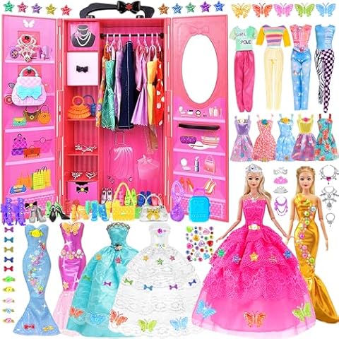 iBayda 139pcs 11.5 inch Girl Doll with Doll Closet Wardrobe Clothes and Accessories Including Doll, Wedding Dress, Outfits, Shoes, Hangers, Bags, Necklaces and DIY Stickers (Include One Doll) Cover
