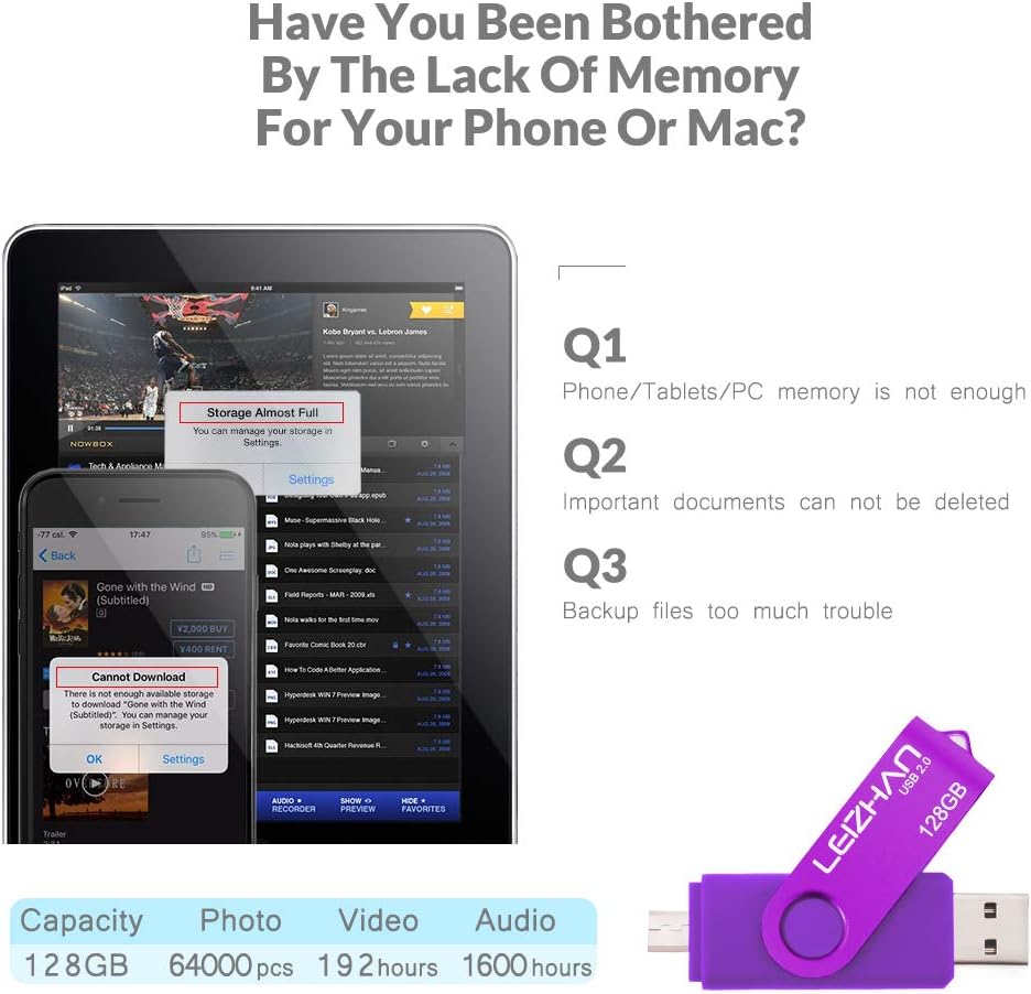 Leizhan OTG Micro USB Flash Drive 128GB Pen Drive for Micro USB Android Phone Pendrive USB 2.0 Memory Stick Compatible with Samsung Galaxy, Xiaomi,LG,Sony, One-Plus,HTC, Meizu, Purple