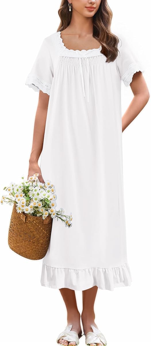 Ekouaer Nightgowns for Women Cotton Long Night Gown Soft Lace Nightdress | Vintage Victorian Style, Short Sleeve Sleepwear, Elegant Lace Square Neck, Pleated Front, Calf Length with Ruffle Hem