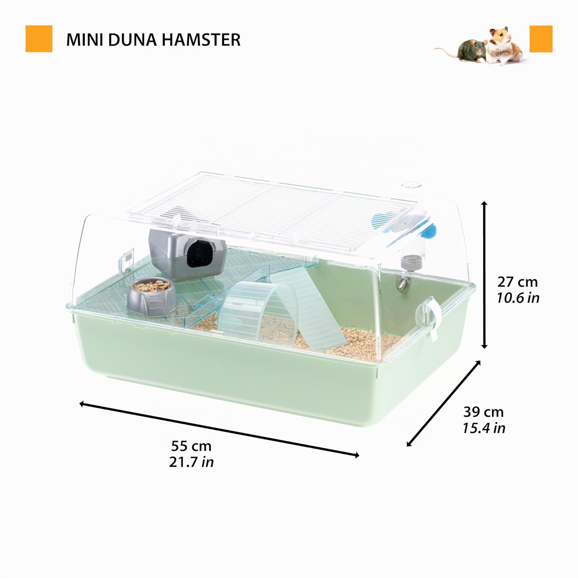 FERPLAST Gabbia Roditori MINI DUNA HAMSTER per Criceti, Topolini, in Plastica, Accessori inclusi: Mangiatoia, Beverino, Ripiano, Casetta, Scaletta, Ruota. 55x39xh27cm