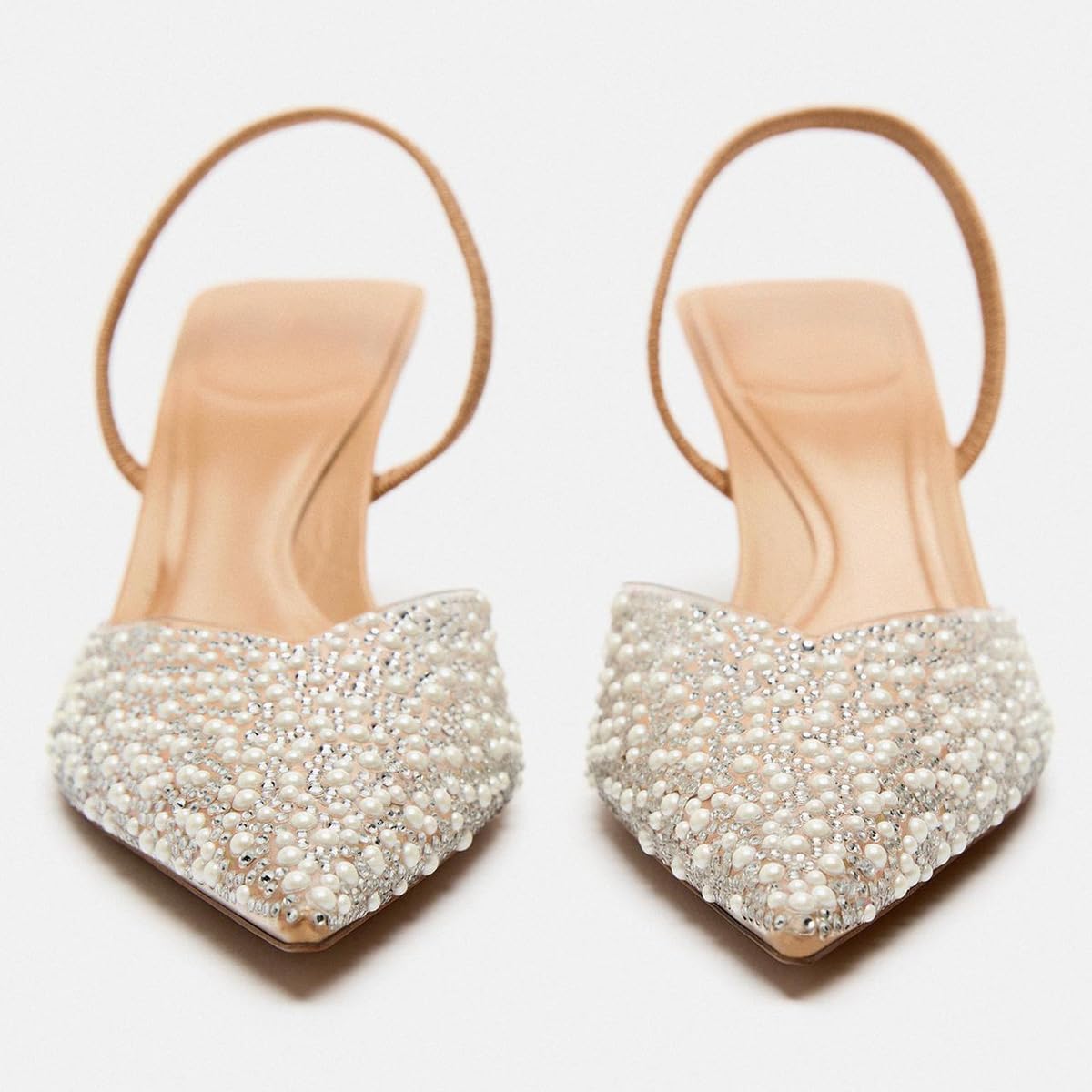 Women's Clear Slingback Heels with Pearl Studded Pointed Toe Stiletto High Heels Back Strap with Elastic Sparkly Rhinestone Slip On Wedding Party Pump Shoes