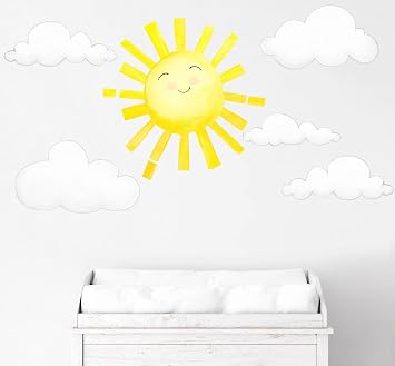 Watercolor Sun & Clouds Wall Decals - Happy Sun & Cloud Wall Stickers - Peel & Stick - Kids Bedroom, Nursery, Living Room Decor