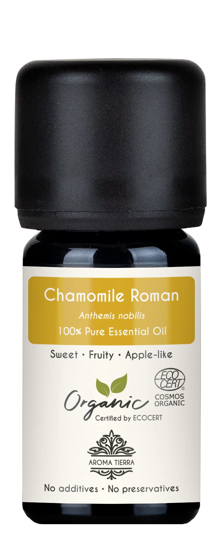 Aroma Tierra Organic Chamomile Roman Essential Oil 5ml - 100% Pure & Undiluted - Sweet-Floral & Calming - For Skin Care, Aromatherapy, Sleep, Relaxation & Diffuser