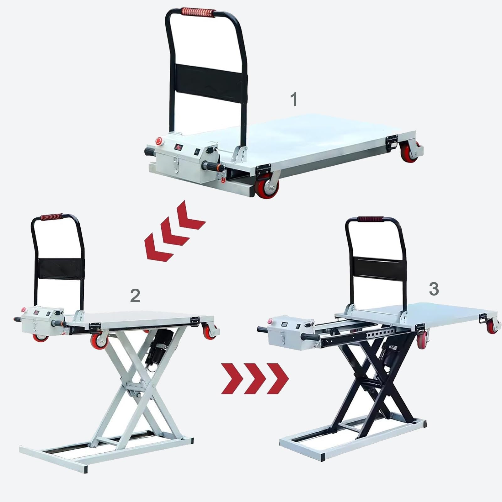 Carrello elevatore elettrico idraulico a forbice, capacità 300 kg, 4 ruote, ideale per movimentazione e trasporto di materiali, attrezzature di sollevamento pesanti e portatili