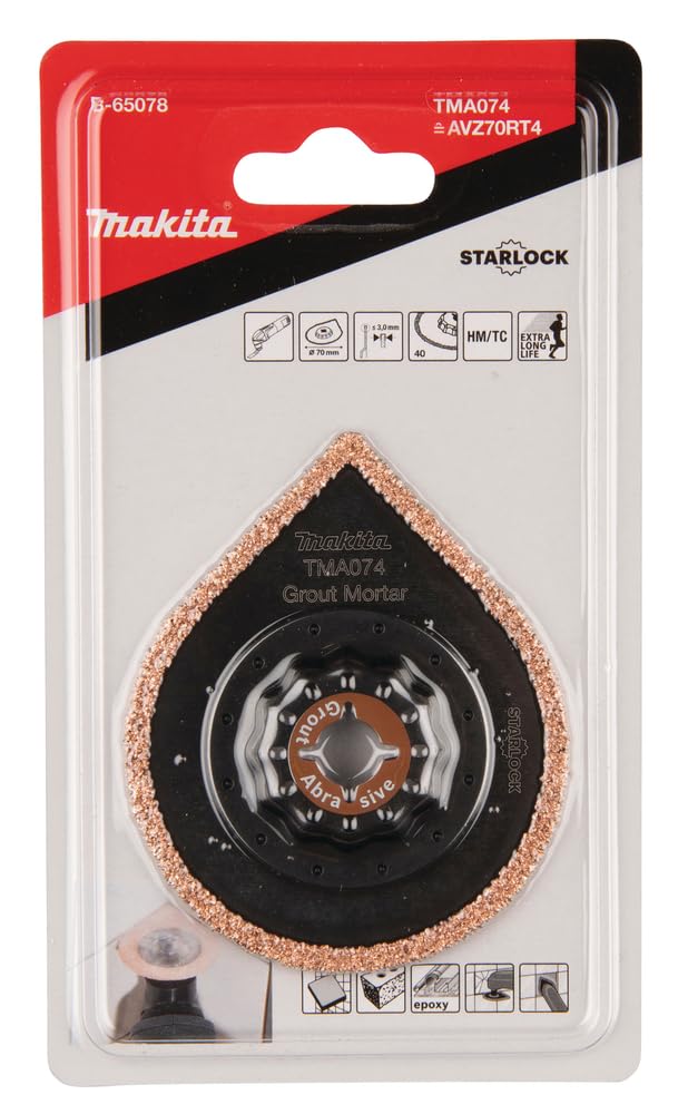 Makita B-65078 Starlock HM/TC Platte Mörtelentferner 70 mm TMA074, Körnung 40, für Mörtel, Fliesenkleber, Epoxid, Porenbeton, für Multitool, Multifunktionswerkzeug, 1 Stück