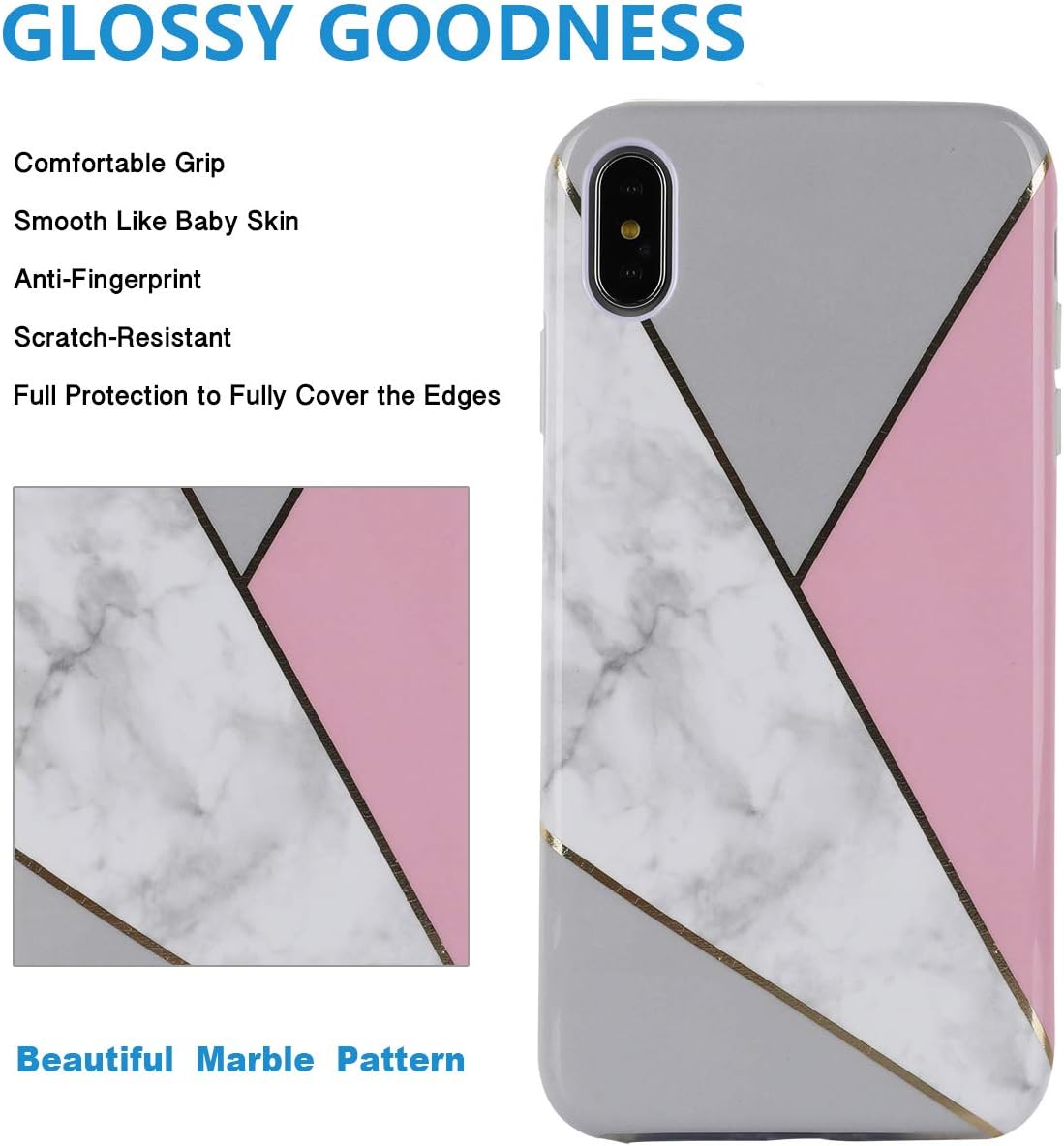 TRENSOM Marble Stripes iPhone Xs Case, iPhone X Case, Glossy Grey White Pink Geometry Stitching Pattern Dual Layer TPU Hard PC Shockproof Phone Cases Cover for Women Girls Men Boys