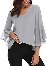 Gyabnw Women's Casual Chiffon Blouse Summer Breathable 3/4 Sleeve Ruffles V Neck Lightweight Blouse
