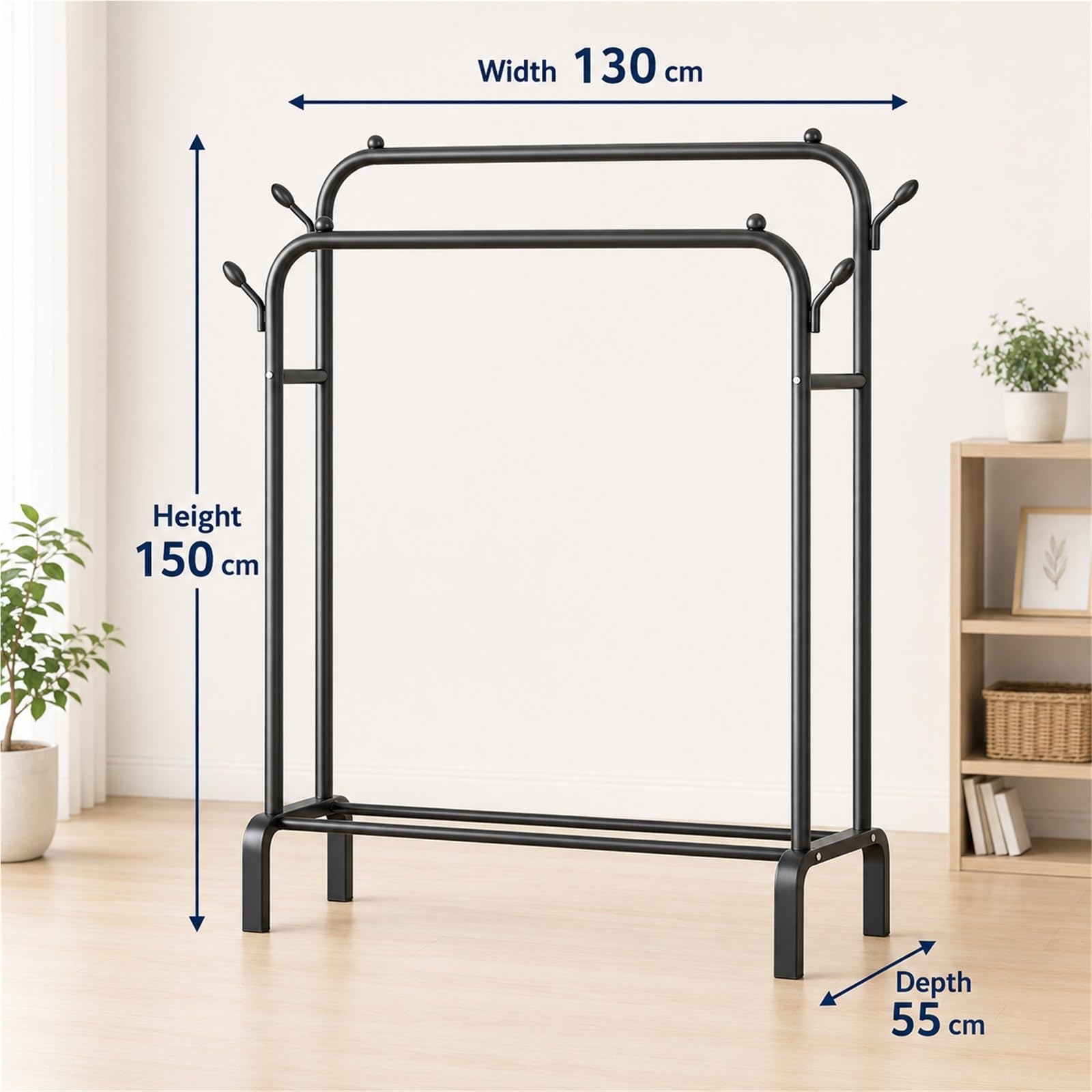 Burro Ropa Resistente, Perchero Burro Doble con Zapatero y 4 Ganchos Laterales, Perchero de Pie en Metal Negro, Carga 90 kg para Dormitorio, Vestidor, Entrada(Black,130cm/51.2 in)