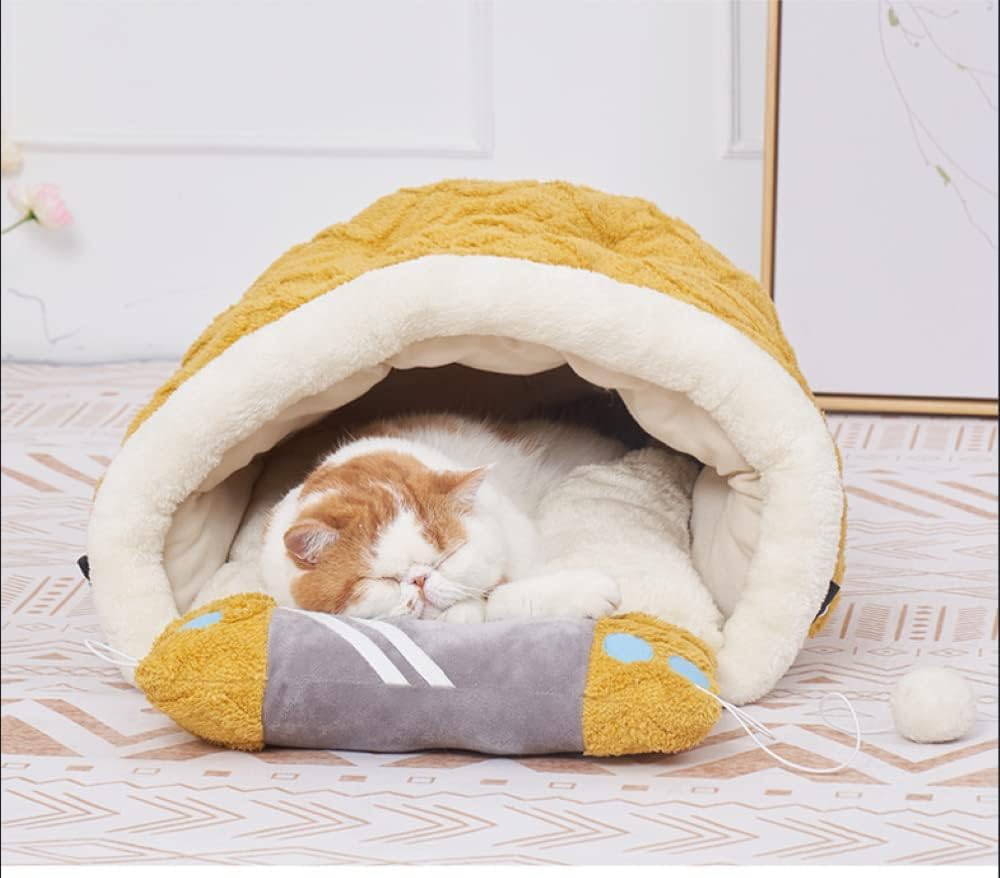 Cat and Dog Bed - Soft and Cozy Pet Bed for Small Pets, Fluffy Bed with Ball and Slip-Resistant Bottom, Self-Warming Enclosed Bed with Creative Pillow for Indoor Use.