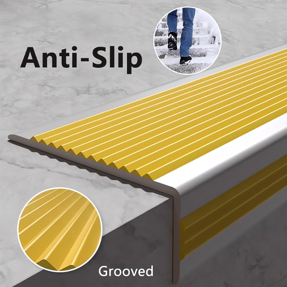 Perfil de protección para borde de escalón autoadhesivo de PVC de 100/120 cm, perfil de vinilo para escalera, tiras de goma antideslizantes para interiores y exteriores(Yellow,150cm/59 In)