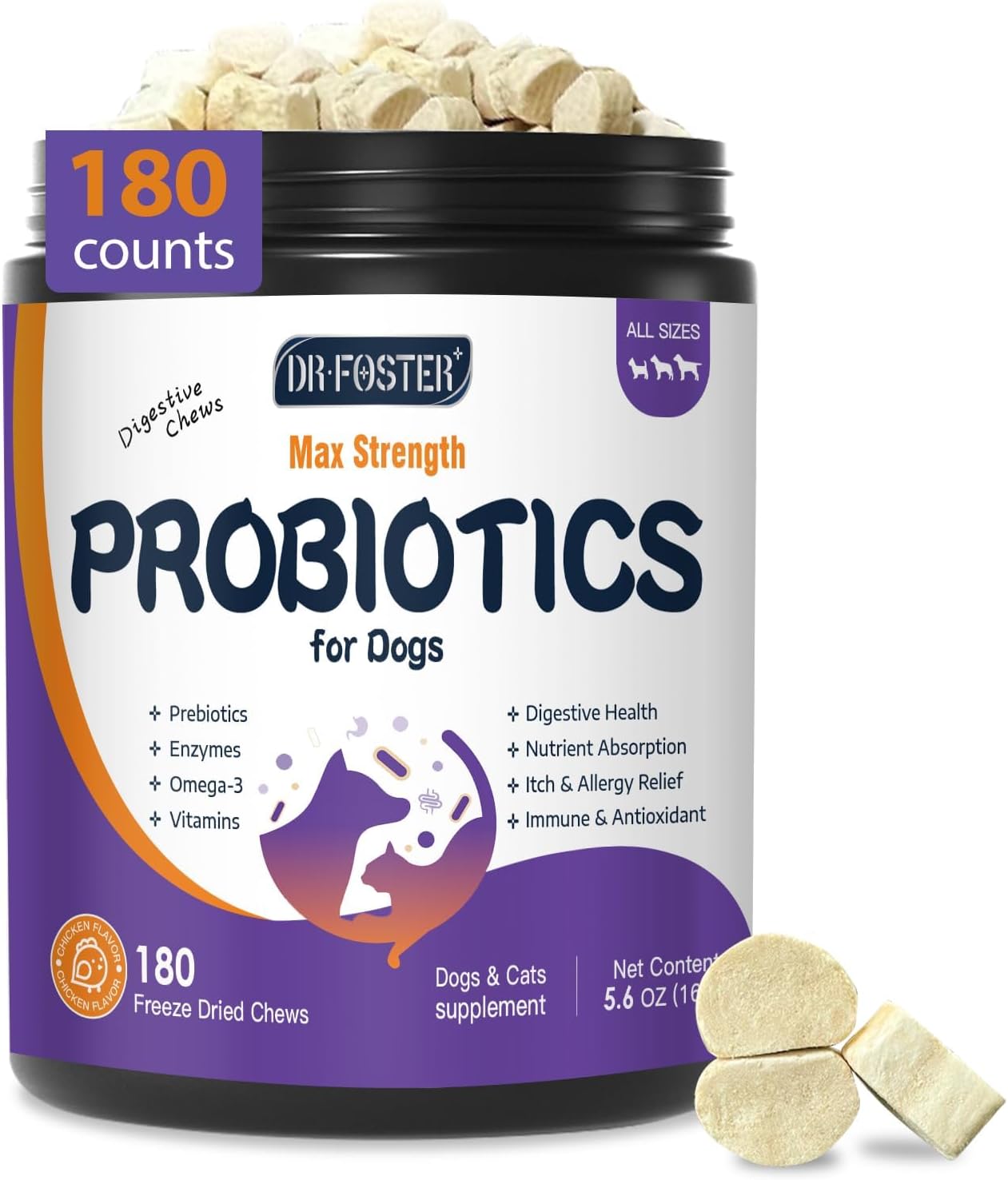 DRFOSTER Probiotics for Dogs, Freeze-Dried Dog Probiotics and Digestive Enzymes, Plus Omega-3 for Itchy Skin, Prebiotics for Digestive Health, Dog Vitamins and Supplements for Immune Health, 180 Bites