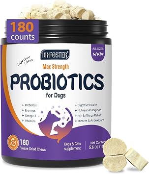 DRFOSTER Probiotics for Dogs, Freeze-Dried Dog Probiotics, 180 Bites | Plus Omega-3 for Itchy Skin, Digestive Enzymes & Prebiotics for Digestive Health, Dog Vitamins & Supplement for Immune Health