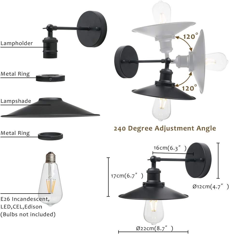 Black Wall Lights Antique Industrial Sconce Lamps 240 Degree Adjustable Up or Down Vintage Art Decor Wall Lights for Kitchen, Lobby, Dining Room, Restaurant, Set of Two (Black)