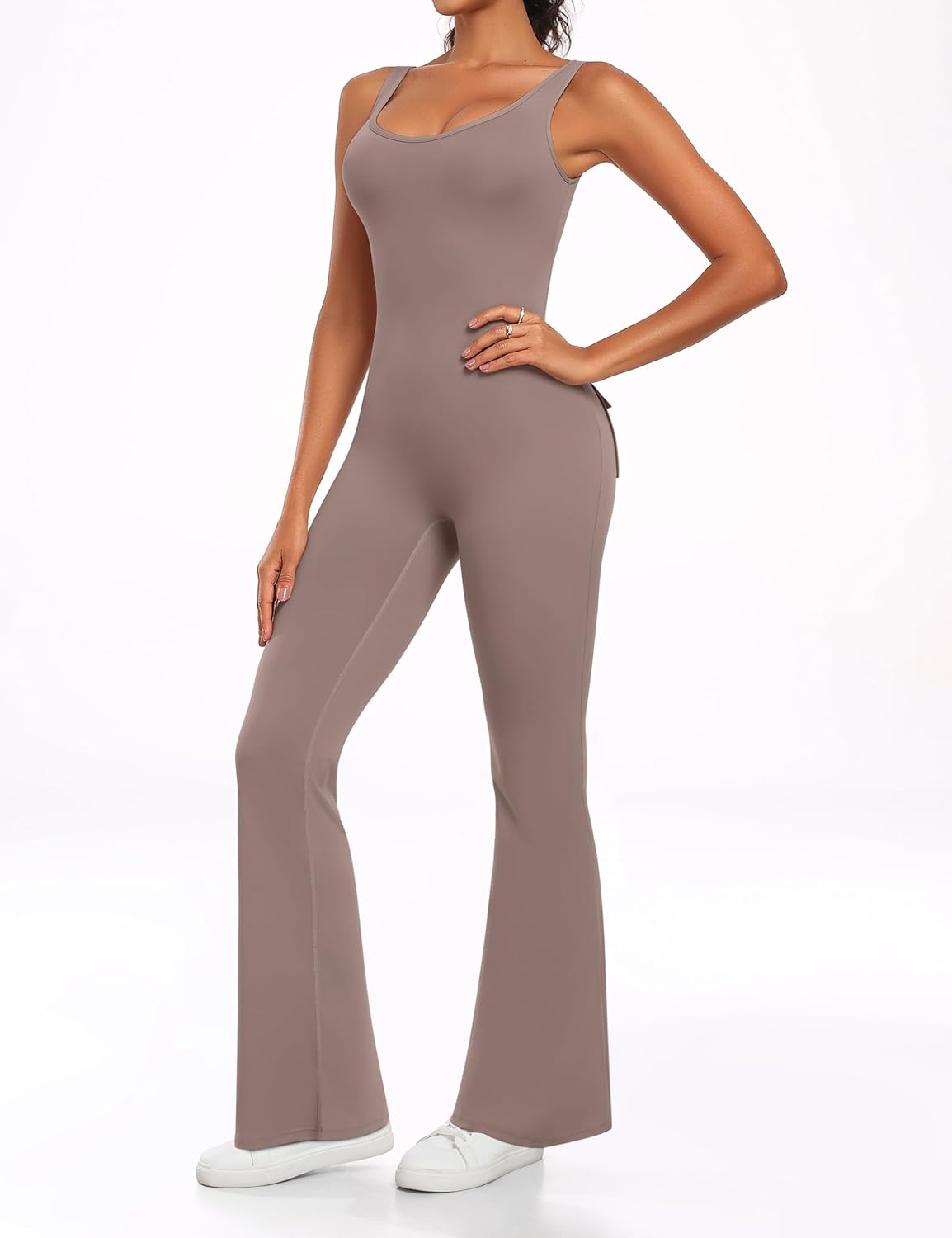 OLCHEE Womens Flare Jumpsuits One Piece Seamless Butt Scrunch Workout Romper Square Neck Backless Wide Leg Unitard - Image 5