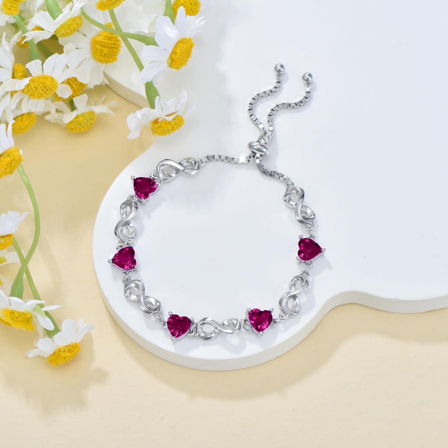 Mothers Day Infinity Love Heart Birthstone Bracelet 925 Sterling Silver Birthday 12 Gemstones Adjustable Bracelets Jewelry for Women (Gift Box)