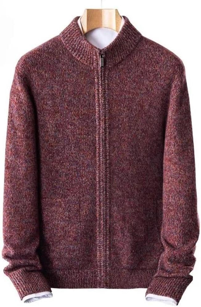 Men's Solid Cashmere Knitted Cardigan Fall Winter Thick Zipper Stand Collar Sweater Tops