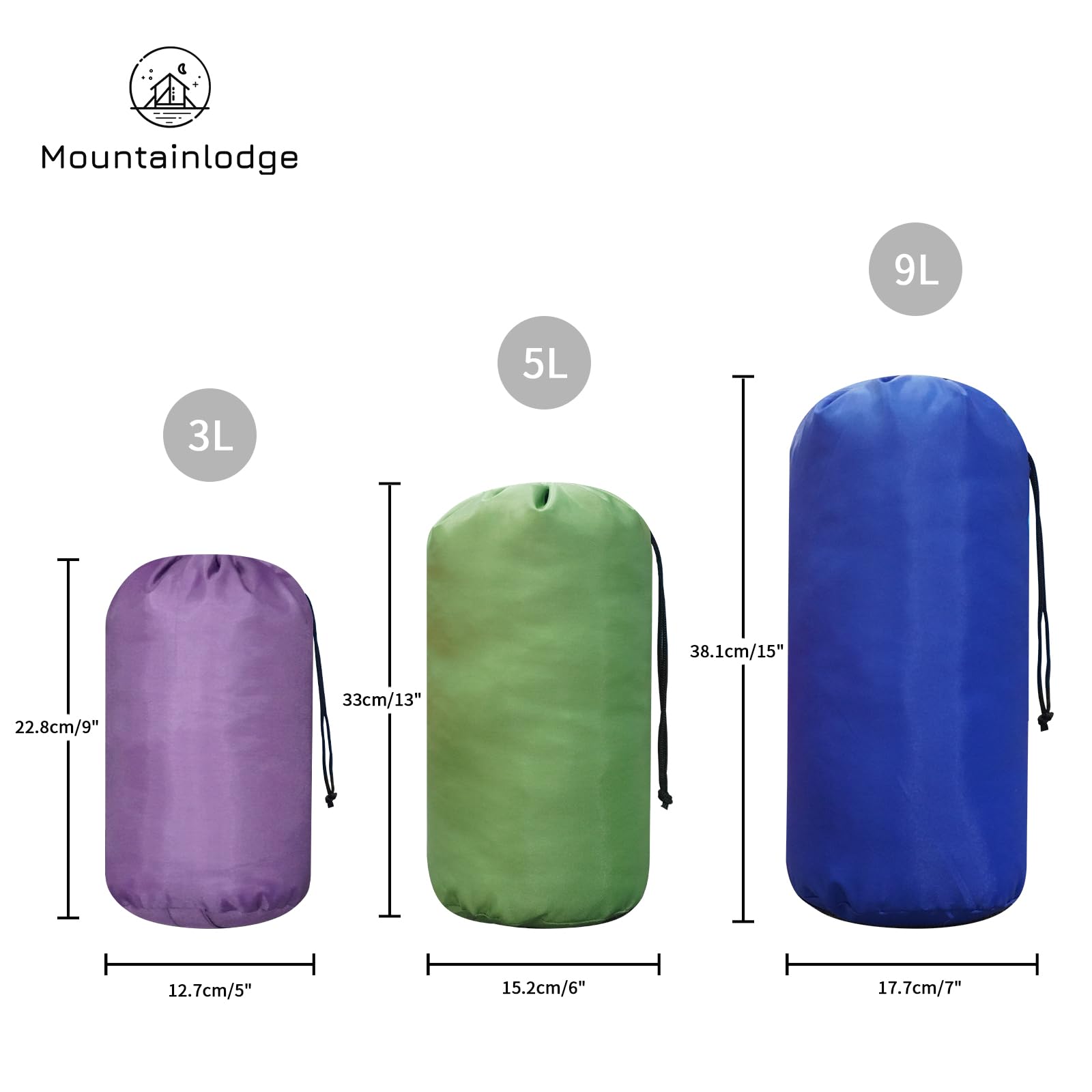 3-Pack Drawstring Stuff Sacks - Lightweight Ditty Bags For Camping & Travel (3L, 5L, 9L Sizes) - Colorful Organization