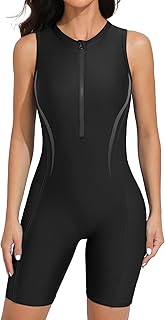 Boyleg One Piece Swimsuits for Women Athletic Bathing Suits Color Block Zip Up Swimwear
