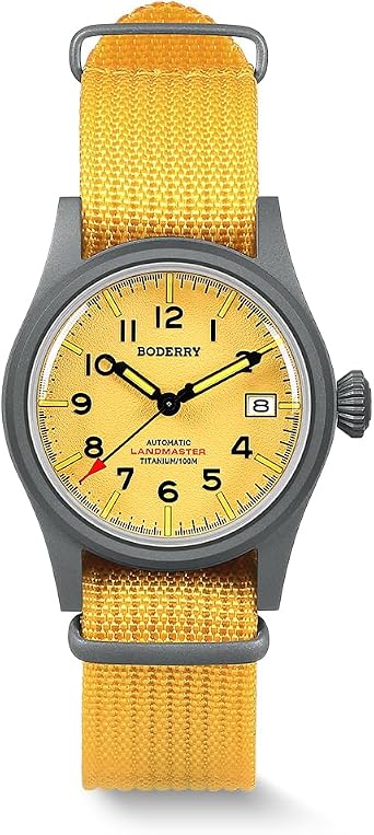 BODERRY Men's 38mm Titanium Watch, Automatic, Military, Day/Date Function, 100M Waterproof, Nylon Strap, Japanese NH35 Movement, Screw-Down Crown   LANDMASTER