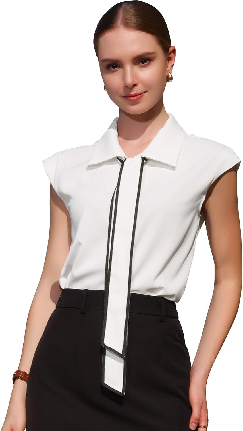 Hobemty Women's Sleeveless Button Down Shirt Collared Tie Neck Summer Business Casual Blouse Top